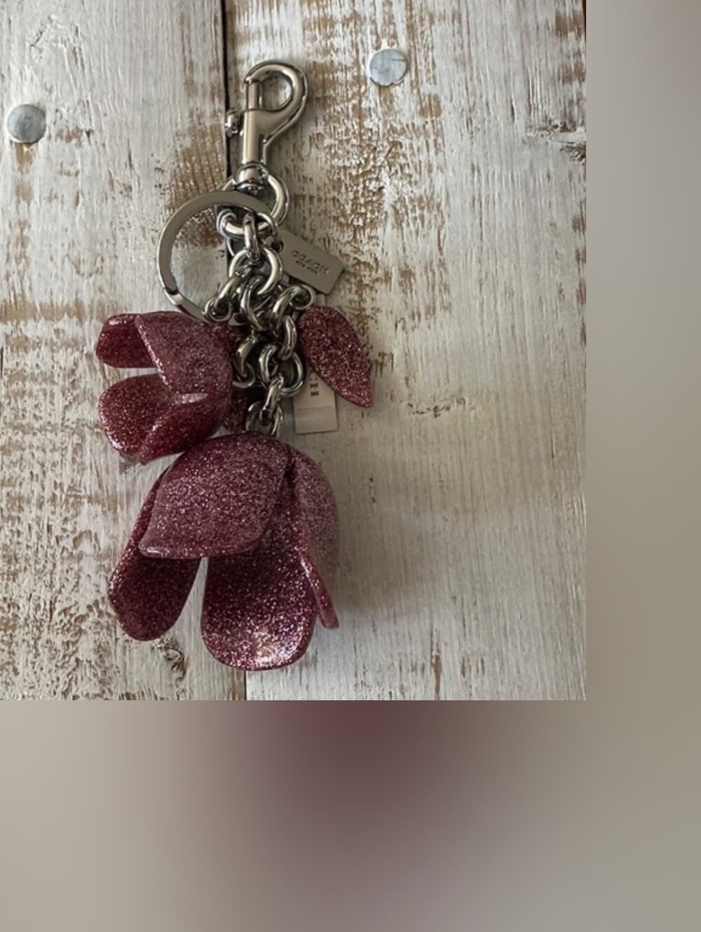 Coach Pink Glitter Floral Keyring Charm with Silver Hardware - Picture 5 of 6